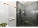 A close up of the walk-in shower featuring a glass enclosure, built-in storage, and a rain-style shower head at 7242 Highburry Dr, Indianapolis, IN 46256