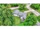 Aerial shot showcasing a house's backyard with a patio set, landscaping, and a private setting surrounded by lush, mature trees at 7504 Troon Ct, Indianapolis, IN 46237