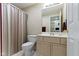 Bathroom with vanity, sink, mirror, toilet and shower with privacy curtain at 4763 Woods Edge Dr, Zionsville, IN 46077