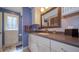 Bathroom featuring blue walls, white cabinets, a large mirror, and decorative fixtures at 7554 Silverpine Ct, Indianapolis, IN 46250