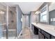 Modern primary bathroom with shower and double vanity at 8556 N Deer Hill Dr, McCordsville, IN 46055