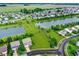 An aerial view of a residential community featuring scenic lakes, green spaces, and well-maintained homes at 10306 Mcclain Dr, Brownsburg, IN 46112