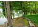 Beautiful backyard area on the lake with a walking path surrounded by lush greenery, foliage, and tall trees at 3695 Windsor Pl, Martinsville, IN 46151
