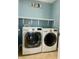 Bright laundry area with newer washer and dryer, blue walls and white shelving at 7532 Perilla Ct, Indianapolis, IN 46237