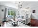 Bright living room with hardwood floors, gray sofa, large windows overlooking the trees, and a staircase at 11509 Reagan Dr, Fishers, IN 46038