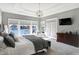 Bright main bedroom boasts trey ceiling, pendant lighting, waterfront views from large windows, and a dark wood dresser at 13613 Lake Ridge Ln, McCordsville, IN 46055