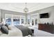This main bedroom features a tv, waterfront views, and access to a private balcony at 13613 Lake Ridge Ln, McCordsville, IN 46055