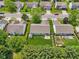 Aerial view showcases the backyard with a manicured lawn and shed, fenced for privacy at 17357 Austrian Pine Way, Westfield, IN 46074