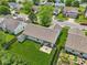 Aerial view of fenced backyard with lush lawn, patio and shed and additional yard outside the fence at 17357 Austrian Pine Way, Westfield, IN 46074
