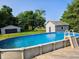 Backyard featuring an above-ground pool, a wooden deck, and a fenced yard for privacy at 2041 Mckinley Ave, Columbus, IN 47201