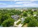 Aerial view showcases a verdant, tree-filled neighborhood with well-kept homes and a distant cityscape at 2427 N Rural St, Indianapolis, IN 46218