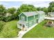 Aerial view showcasing a modern green home with a welcoming front porch and a well-manicured lawn at 2427 N Rural St, Indianapolis, IN 46218