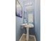 Compact powder room with pedestal sink, mirror, and unique wall decor at 3349 Capsella Ln, Indianapolis, IN 46203