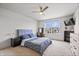 Bright bedroom with blue accents, a ceiling fan, and large window letting in natural light at 8635 Verbena Rd, Zionsville, IN 46077