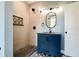 Bathroom with a glass walk-in shower, and a blue vanity at 1021 N Alabama St, Indianapolis, IN 46202