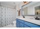 Stylish bathroom showcasing a blue vanity with dual sinks, patterned shower curtain, and modern fixtures at 14662 Woodstone Cir, Fishers, IN 46037