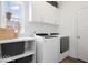 Bright laundry room features modern washer and dryer, overhead cabinets, and convenient storage shelves at 1655 Avondale Dr, Westfield, IN 46074