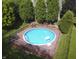 Aerial view of above-ground pool surrounded by a wooden deck in a lush backyard at 318 Meadowview Ln, Greenwood, IN 46142
