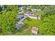 An aerial view of a well-maintained property with a spacious backyard and a detached garage surrounded by lush greenery at 3414 Ferncliff Ave, Indianapolis, IN 46227