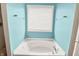 Bright bathroom featuring a white tub beneath a window, complemented by the soothing light blue wall color at 3811 Tartan Trl, Whitestown, IN 46075