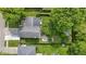 Birds-eye view of a house highlighting the roof and the spacious, green backyard featuring mature trees and well-kept landscaping at 4718 Dancer Dr, Indianapolis, IN 46237