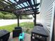 Backyard showcasing a pergola-covered patio with outdoor seating, green lawn, a white fence, and grill at 5702 Deer Valley Ct, Columbus, IN 47201