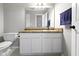 Bathroom features a white vanity, granite countertop, a mirror, and a toilet at 603 Daviess Dr, Westfield, IN 46074