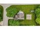 Aerial view shows a home with a basketball court, a shed, a deck, and a pristine lawn at 6518 Springview Dr, Avon, IN 46123