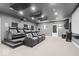 Home theater features tiered leather seating, projector, screen, and acoustic panels for a immersive viewing experience at 745 Ridge Gate Dr, Brownsburg, IN 46112