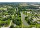 Scenic aerial view of a charming neighborhood, featuring a tranquil pond surrounded by lush trees and homes at 1506 Bowman Dr, Greenfield, IN 46140