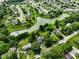 Expansive aerial view of a charming neighborhood with lush greenery and a serene pond at 1506 Bowman Dr, Greenfield, IN 46140