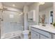 Bathroom with large walk-in shower, glass door, grab bar, and vanity with cabinet at 2747 Stonebridge Dr, Lebanon, IN 46052