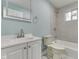 Bathroom features a sink, vanity and mirror, along with a shower-tub combination and a toilet at 2945 N Denny St, Indianapolis, IN 46218