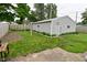 View of garage in backyard with manicured garden and mulch at 305 N Warman Ave, Indianapolis, IN 46222