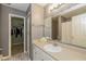 Well-lit bathroom featuring a neutral color scheme, large mirror, and a closet for ample storage space at 3779 Crest Point Dr, Westfield, IN 46062