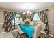 Inviting dining room featuring a chandelier, a stylish table setting, decorative curtains, and a sliding glass door at 4965 Hawthorne Way, Avon, IN 46123