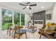 Cozy living room with a fireplace, large windows, and nature views at 6704 Hoover Rd, Indianapolis, IN 46260