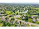 Aerial view of a residential neighborhood with manicured lawns, mature trees, and a community pond with marker at 7456 Jack Pine Ct, Avon, IN 46123