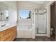 Bright bathroom featuring a soaking tub, shower, and a large window with natural light at 7456 Jack Pine Ct, Avon, IN 46123