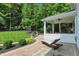 Backyard patio with lounge chair overlooking manicured lawn and landscaped gardens at 9703 Fortune Dr, Fishers, IN 46037