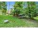 Backyard with a picnic table surrounded by lush trees at 10402 Shakamak Way, Indianapolis, IN 46239