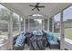 Covered screened in porch with comfortable seating and ceiling fan overlooks backyard at 2502 Colinbrook Pkwy, Greenwood, IN 46143