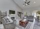 Cozy living room featuring a fireplace, TV, ceiling fan, and comfortable gray reclining furniture at 5351 Abbington Ave, Plainfield, IN 46168