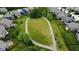 Aerial view of the community green space featuring walking trails and mature trees at 5684 Autumn Trl, Brownsburg, IN 46112