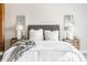 Comfortable main bedroom featuring a bed with white linens, accent pillows, and stylish nightstands at 630 N College Ave # 409, Indianapolis, IN 46204