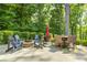 Backyard patio with a stone fire pit surrounded by Adirondack chairs, plus a wicker dining set for entertaining at 6940 Mockernut Ct, Plainfield, IN 46168