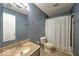 A full bathroom features grey walls, tile flooring, a vanity with a sink, and a toilet with shower and curtain at 7657 Wheatgrass Ln, Noblesville, IN 46062