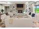 Bright living room with a stone fireplace, built-in shelves, and stylish white sofas at 1412 10Th St, Danville, IN 46122