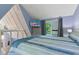Airy bedroom featuring a tv, view, and vaulted ceiling at 1413 N Lost Lake Rd, Columbus, IN 47201