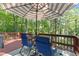 Enjoy outdoor living on this deck, furnished with chairs and a shaded umbrella at 1413 N Lost Lake Rd, Columbus, IN 47201